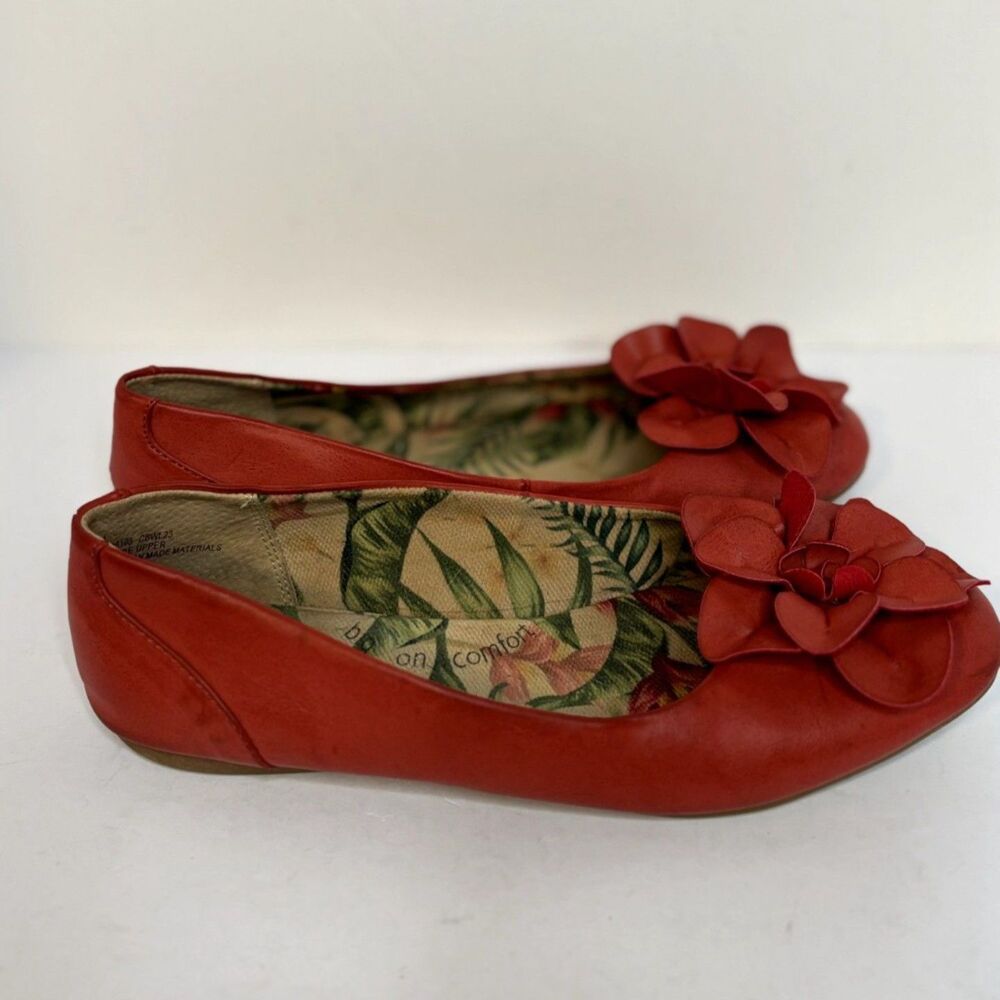 Born Comfort Red Leather Floral Ballet Flats Tropical Lining Womens 8M